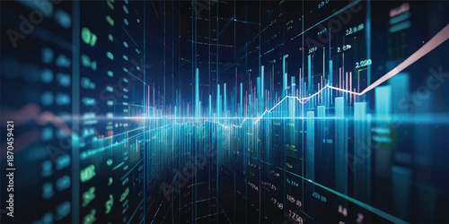 An abstract blue financial stock market graph on a black background displays economic growth and success through a data line resembling a medical heartbeat pulse or ECG monitor