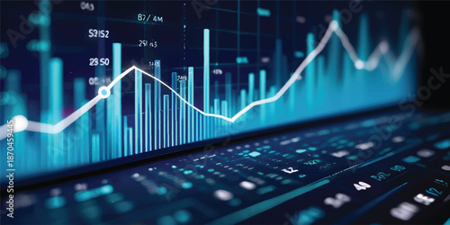 An abstract blue financial stock market graph on a black background displays economic growth and success through a data line resembling a medical heartbeat pulse or ECG monitor