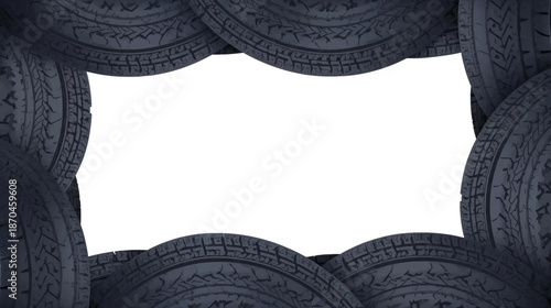 Abstract frame of dark, patterned circular elements surrounding a white empty space.