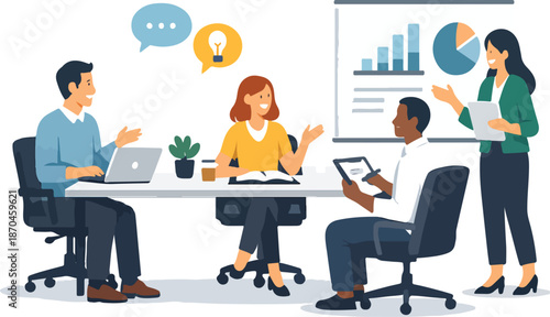 Business team meeting and brainstorming in modern office with charts and analytics illustration