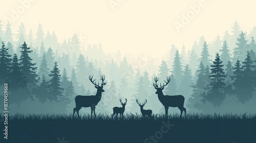 A family of deer silhouetted in a misty pine forest at dawn, with two adult stags and two fawns on a grassy ground.