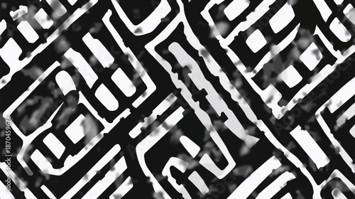 Abstract black and white pattern with thick, irregular lines forming a maze-like geometric design, featuring a subtle textured background.