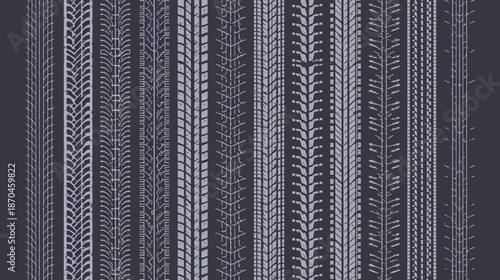 Collection of various detailed tire tread patterns and tracks on a dark background.
