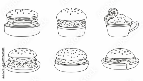 Collection of six hand drawn burger illustrations in black and white outline style.
