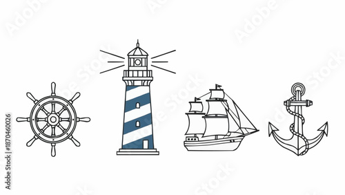Nautical Icons Featuring Ship Wheel Lighthouse Sailboat and Anchor.