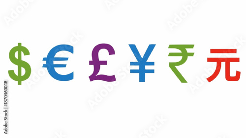 Various colorful currency symbols arranged in a row on white background.