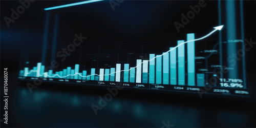 An abstract blue financial stock market graph on a black background displays economic growth and success through a data line resembling a medical heartbeat pulse or ECG monitor