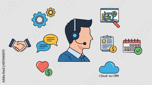 Customer service representative with business icons around him.