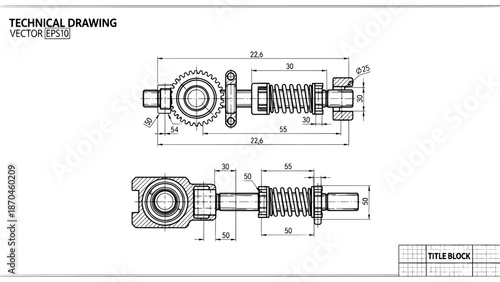 Technical drawing of mechanical parts with dimensions