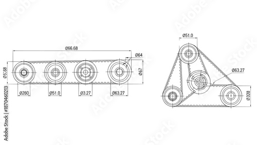 Engineering drawing of a chain drive system