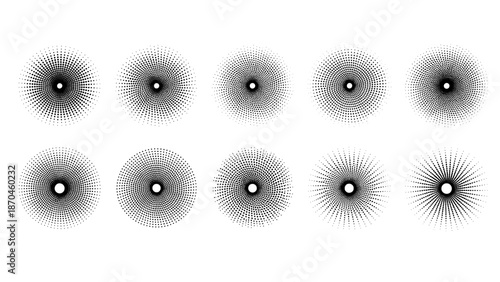 Halftone sunburst radial patterns collection