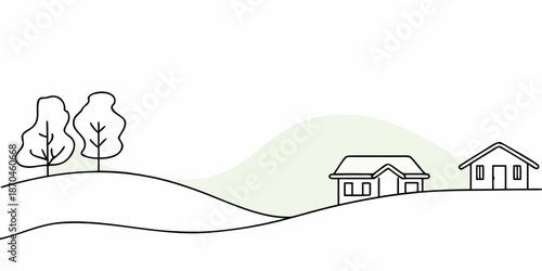 Simple landscape illustration with trees hills and a small house outline