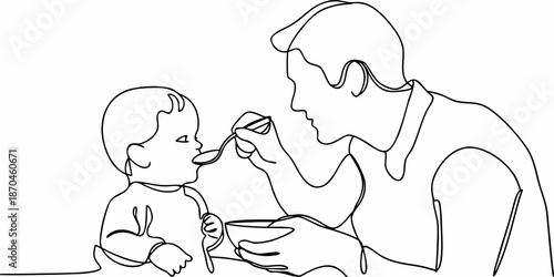A mother lovingly feeds her baby with a spoon in a simple line drawing