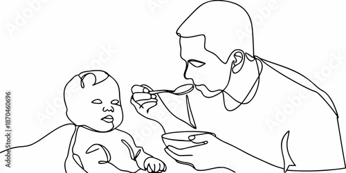 A father lovingly feeds a young baby with a spoon a tender moment