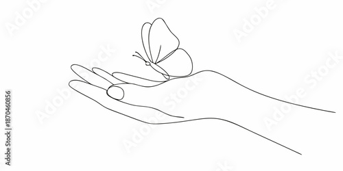 A delicate butterfly gently rests upon an open human hand line art