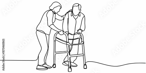 A caring individual assists an elderly person using a walking aid