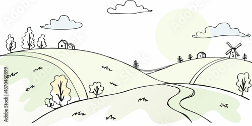 A charming countryside landscape with rolling green hills trees and a windmill
