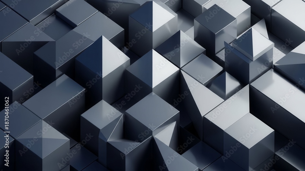 Obraz premium Abstract 3D Geometric Shapes, Metallic Cubes and Pyramids, Modern Background