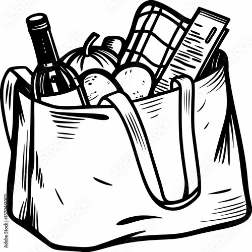 A sketch of a shopping bag overflowing with groceries and a wine bottle