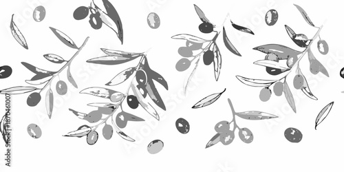 A grayscale pattern of olive branches and olives against a dark background