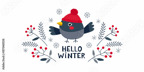 A charming winter bird illustration with a red hat and festive decorations