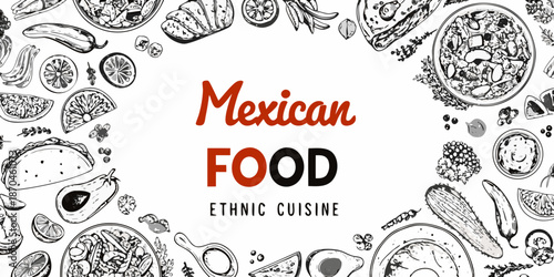 Detailed sketch of various traditional mexican food items and ingredients