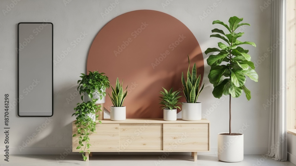 Fototapeta premium Modern living room with plants and terracotta arch, minimalist interior design