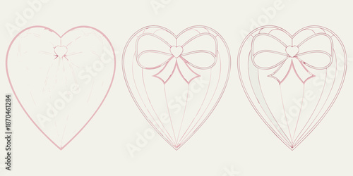Three heart sketches progressively detailed with a bow illustration