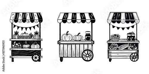 Three vintage market stalls displaying pumpkins produce and preserves in black and white