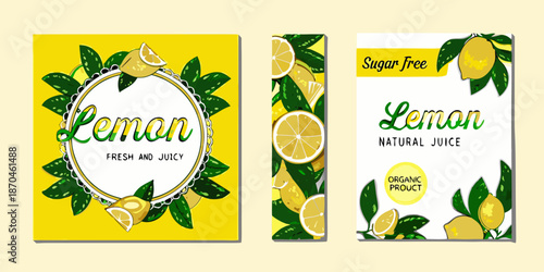 Bright yellow lemon juice packaging designs with fruit and leaves illustration