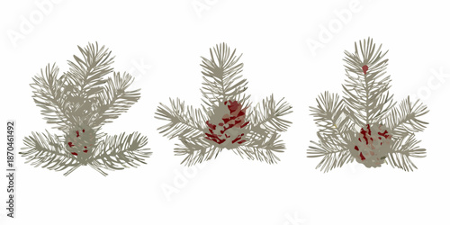 Three stylized pine tree illustrations with red berry clusters displayed