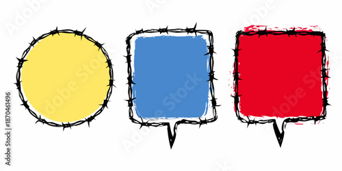 Three colorful speech bubbles with barbed wire edges isolated on a white background