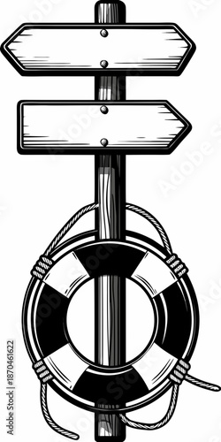 Vintage nautical signpost with life preserver black and white illustration