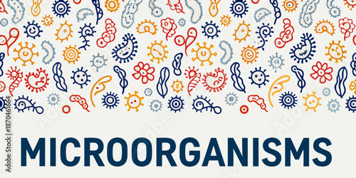Colorful seamless pattern of various microorganisms on a white background