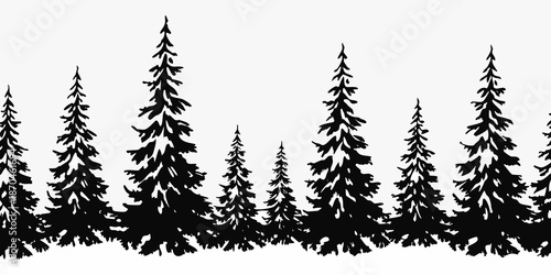 A serene black and white illustration of a dense coniferous forest landscape