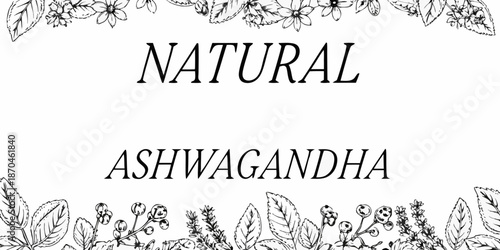 Natural ashwagandha design featuring botanical illustrations and elegant typography