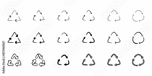 Collection of recycling symbols in different orientations on a white background