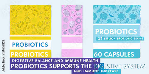 Probiotics packaging designs with colorful bacteria illustrations and health benefits claims