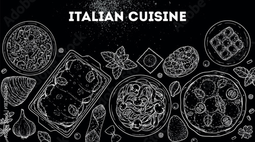 Italian cuisine top view frame. Italian food. Vector drawing illustration. Set of sketches of Italian dishes. Food menu design template. Not AI generated.