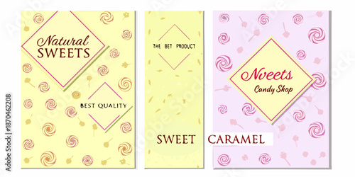 Colorful candy shop flyer designs with swirls and text layouts