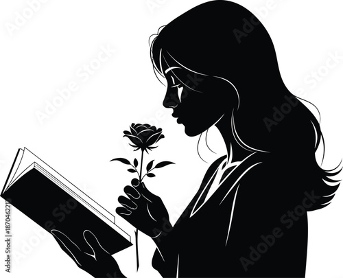 Silhouette of woman reading with rose isolated on transparent background