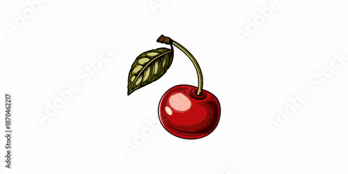 A single vibrant cherry with a stem and attached green leaf illustration