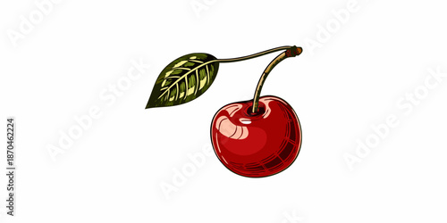A vibrant illustration of a single ripe cherry with its attached green leaf