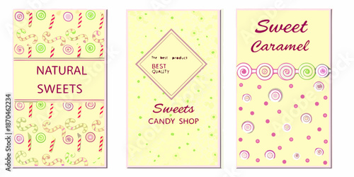 Colorful candy shop promotional banners with sweets and caramel designs