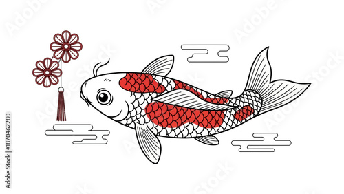Koi fish illustration with red scales and flowers.