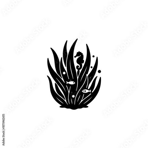 black and white silhouette showcasing a thriving seagrass habitat with a small seahorse and fish sheltering among the blades. The illustration highlights the vital role of coastal meadows as a nursery