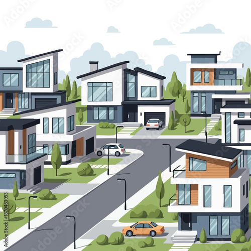 Modern suburban neighborhood with contemporary homes and cars.