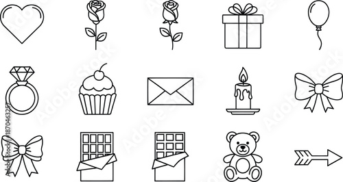 Romantic and celebration icons set with gifts, desserts, and love symbols in outline style
