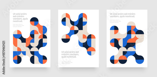 Template with fluid geometric shapes. Abstract bauhaus geometric pattern backgrounds with metaball fusion. Layout for flyer, poster or cover. 