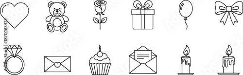 Simple outline icons of celebration and romance elements including heart, gift, teddy bear, and cupcake